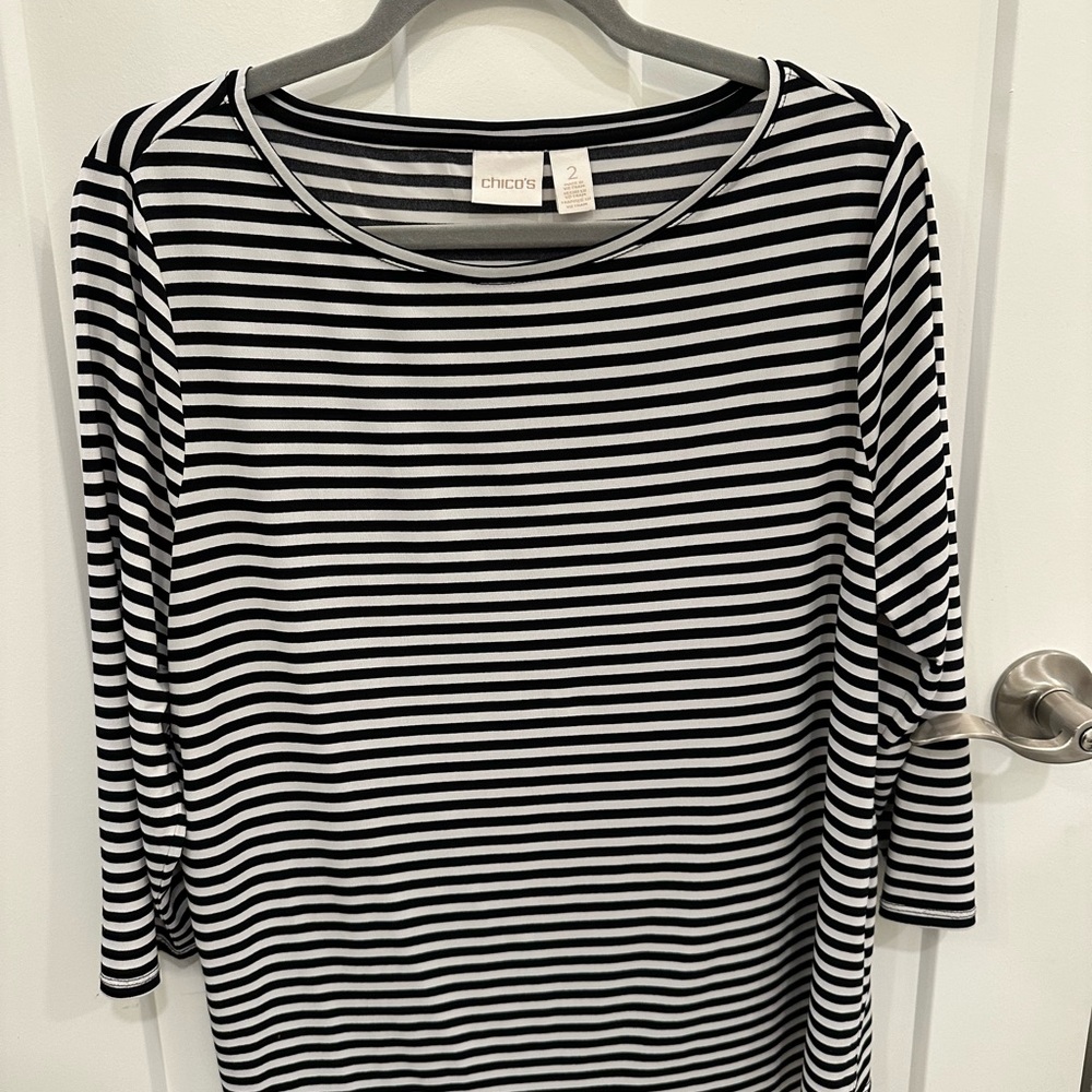 Chico's Black + White Striped 3/4 Sleeve Top